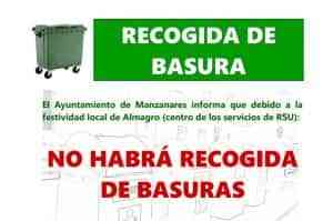 No habrá recogida de basuras la noche del miércoles 4 de agosto al jueves 5 de agosto en Manzanares