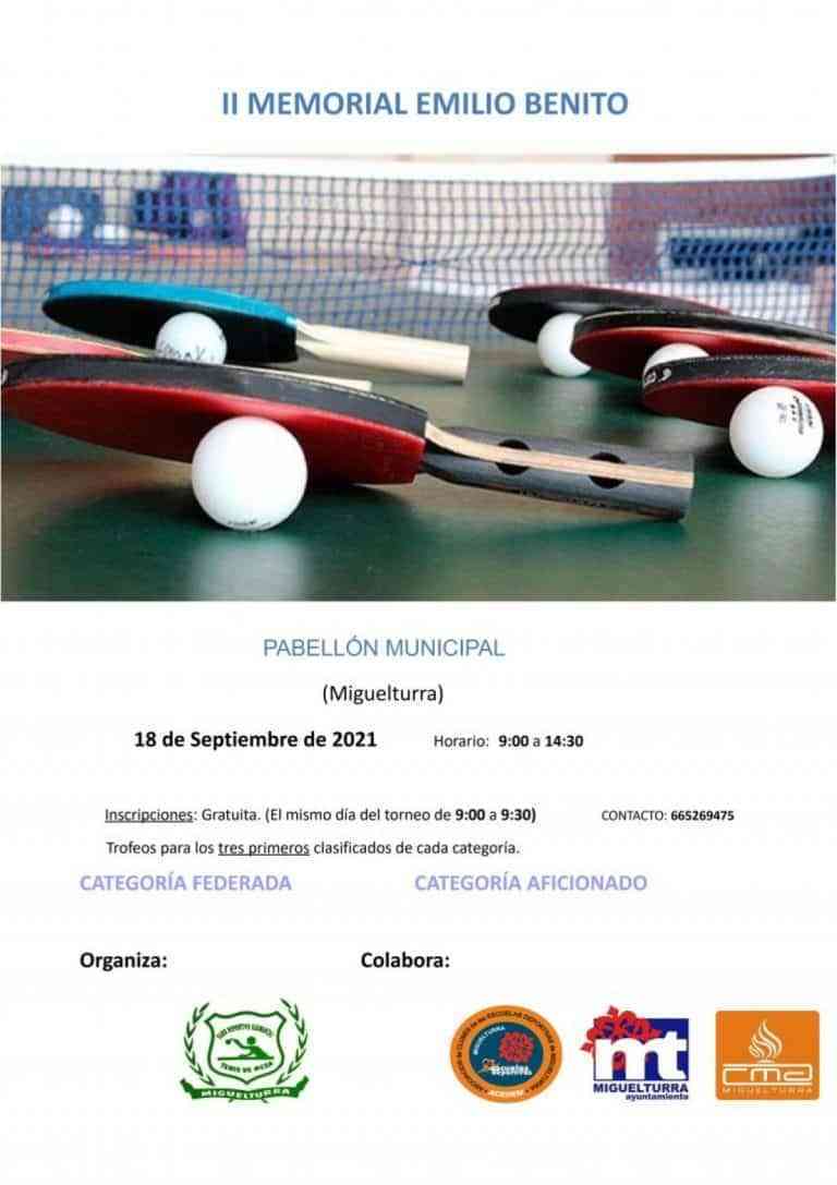 Torneo de tenis de mesa memorial «Emilio Benito” el 18 de septiembre en Miguelturra