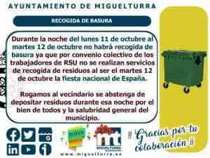 Del lunes 11 a martes 12 de octubre por Fiesta Nacional no habrá recogida de basuras en Miguelturra