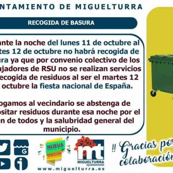Del lunes 11 a martes 12 de octubre por Fiesta Nacional no habrá recogida de basuras en Miguelturra