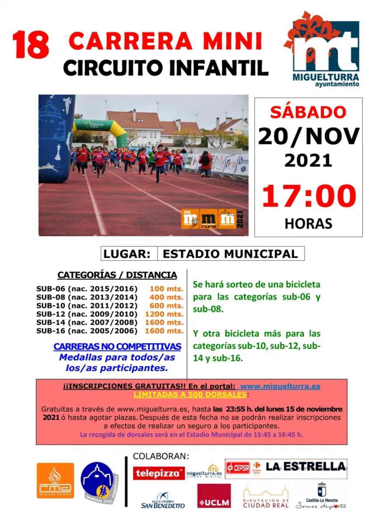 Inscripción  gratuita para participar en la «Carrera Mini» del 20 de noviembre en Miguelturra