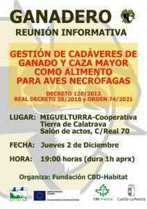 Reunión informativa sobre gestión de cadáveres de ganado y caza mayor como alimento de aves necrófagas en Miguelturra el 2 de diciembre