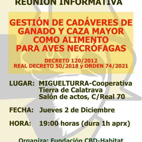 Reunión informativa sobre gestión de cadáveres de ganado y caza mayor como alimento de aves necrófagas en Miguelturra el 2 de diciembre