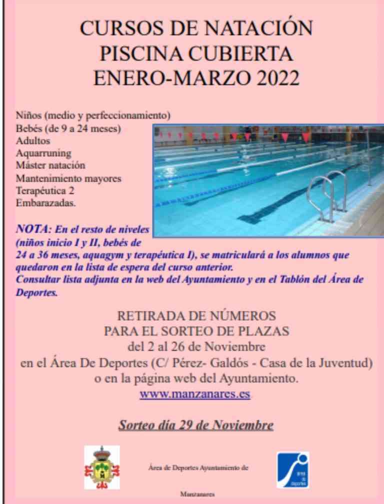 Cursos de natación piscina cubierta de Manzanares enero-marzo 2022