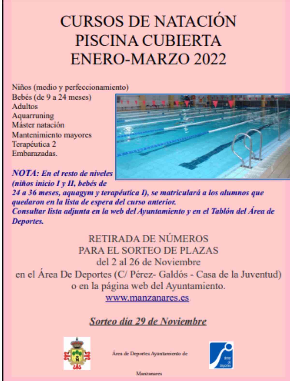 Cursos de natación piscina cubierta de Manzanares enero-marzo 2022