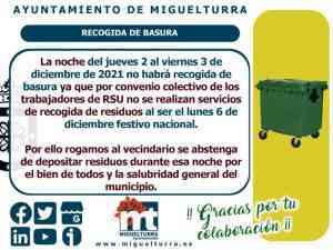 La noche del jueves 2 al viernes 3 de diciembre no habrá recogida de basura en Miguelturra