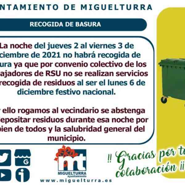 La noche del jueves 2 al viernes 3 de diciembre no habrá recogida de basura en Miguelturra
