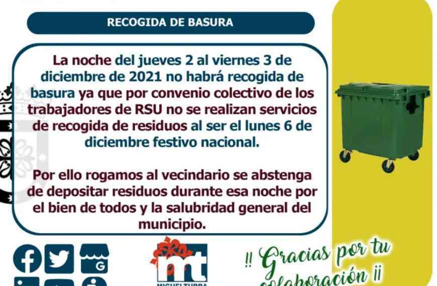 La noche del jueves 2 al viernes 3 de diciembre no habrá recogida de basura en Miguelturra
