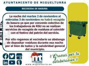No habrá recogida de basura la noche del martes 2 al miércoles 3 de noviembre en Miguelturra