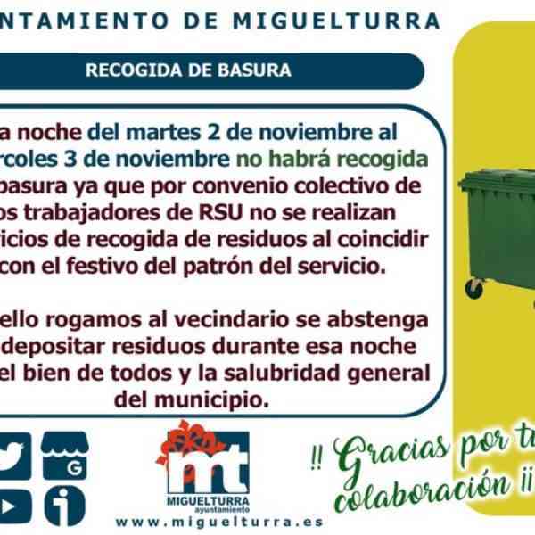 No habrá recogida de basura la noche del martes 2 al miércoles 3 de noviembre en Miguelturra