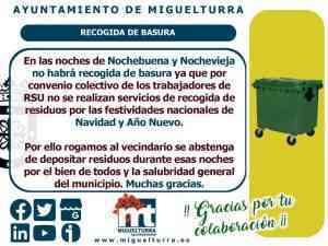 No habrá recogida de basura en Nochevieja 2021 en Miguelturra