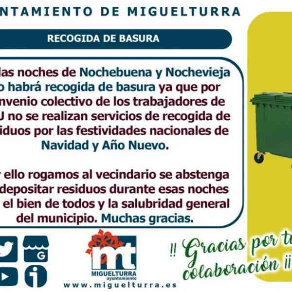 No habrá recogida de basura en Nochevieja 2021 en Miguelturra