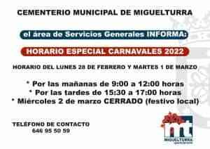 Horarios del Cementerio Municipal de Miguelturra durante las fechas del Carnaval 2022