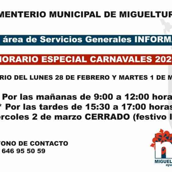 Horarios del Cementerio Municipal de Miguelturra durante las fechas del Carnaval 2022