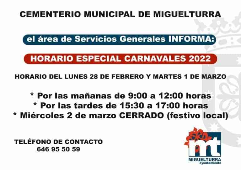 Horarios del Cementerio Municipal de Miguelturra durante las fechas del Carnaval 2022