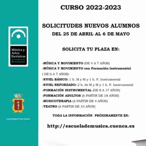 Plazo de admisión de nuevos alumnos de la Escuela Municipal de Música y Artes Escénicas de Cuenca