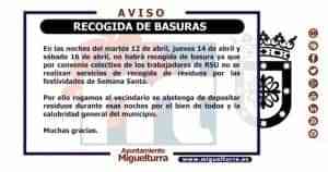 Suspensión de la recogida de basura durante las festividades de Semana Santa 2022 en Miguelturra