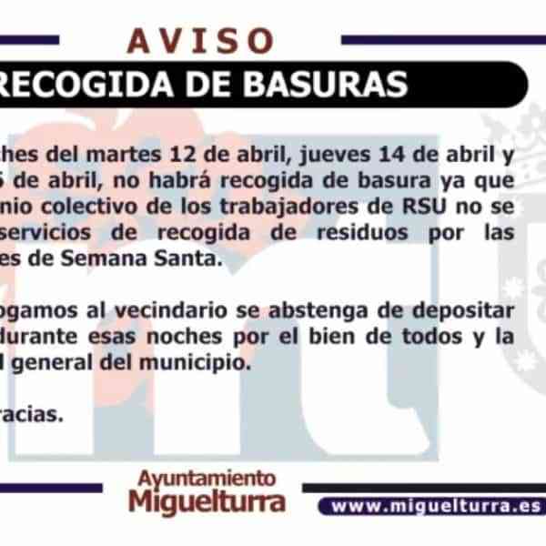 Suspensión de la recogida de basura durante las festividades de Semana Santa 2022 en Miguelturra