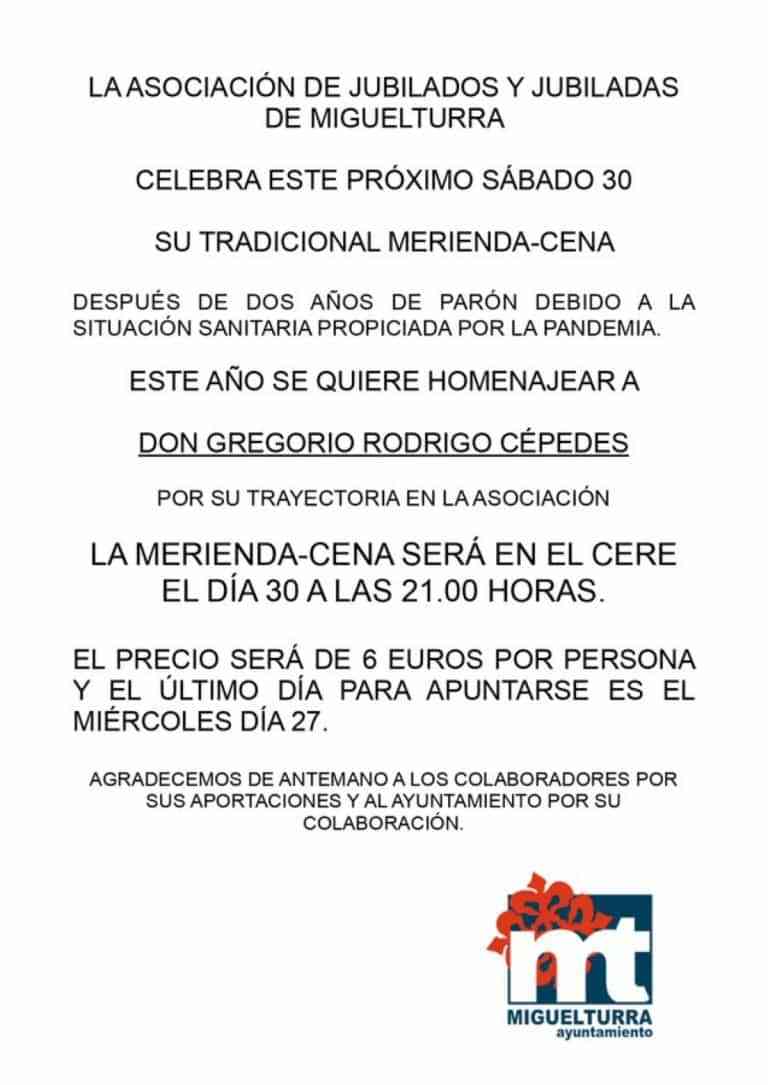 Este sábado 30 de julio será la tradicional merienda-cena de la Asociación de Jubilados y Jubiladas de Miguelturra
