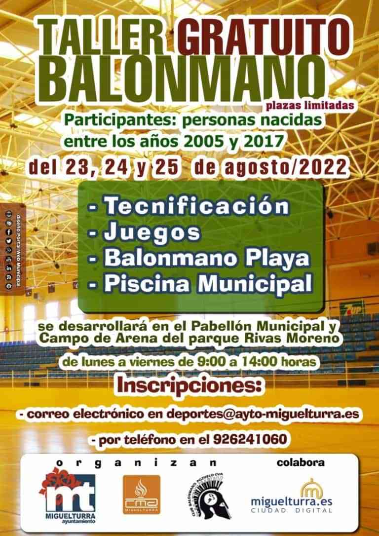 Taller gratuito de Balonmano en Miguelturra los días 23, 24 y 25 de agosto de 9 a 14 horas en el Pabellón Municipal de Deportes