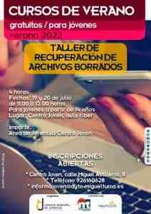 Taller gratuito de Recuperación de Archivos Borrados en el Centro Joven de Miguelturra el 19 y 20 de julio de 2022