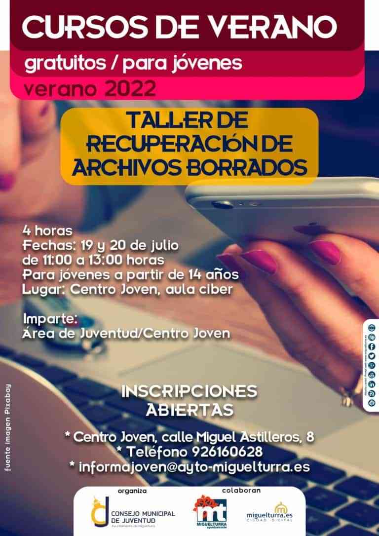 Taller gratuito de Recuperación de Archivos Borrados en el Centro Joven de Miguelturra el 19 y 20 de julio de 2022