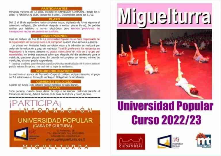 Programa de actividades e inscripciones en la Universidad Popular de Miguelturra para el curso 2022/2023