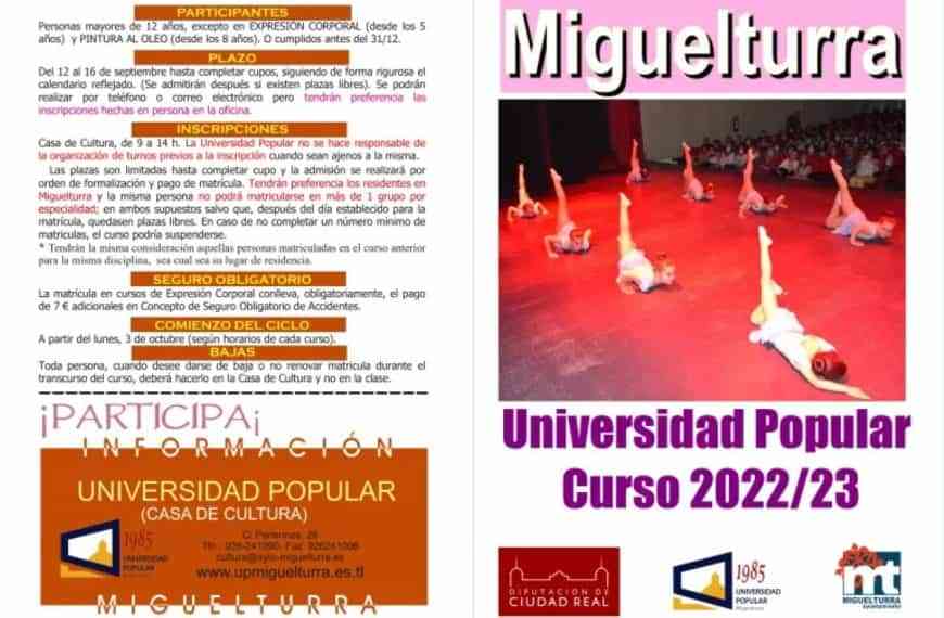Programa de actividades e inscripciones en la Universidad Popular de Miguelturra para el curso 2022/2023