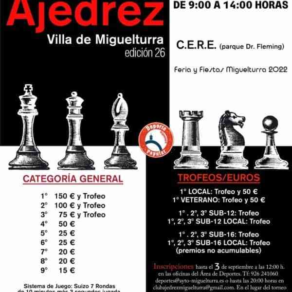 Torneo de ajedrez «Villa Miguelturra» especial de la Feria y Fiestas de localidad tendrá lugar el 4 de septiembre en el CERE