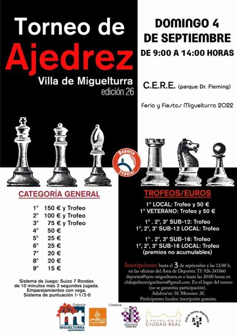 Torneo de ajedrez «Villa Miguelturra» especial de la Feria y Fiestas de localidad tendrá lugar el 4 de septiembre en el CERE