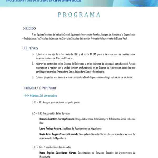 II edición de las Jornadas de Inclusión “Diseños de intervención desde la prestación de inclusión social” en Miguelturra el 25 y 26 de octubre