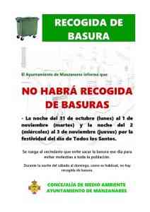 No habrá recogida de basura las noches del 31 de octubre y  2 de noviembre en Manzanares