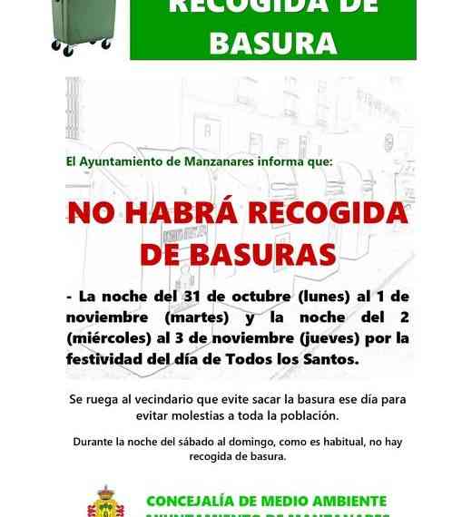 No habrá recogida de basura las noches del 31 de octubre y  2 de noviembre en Manzanares