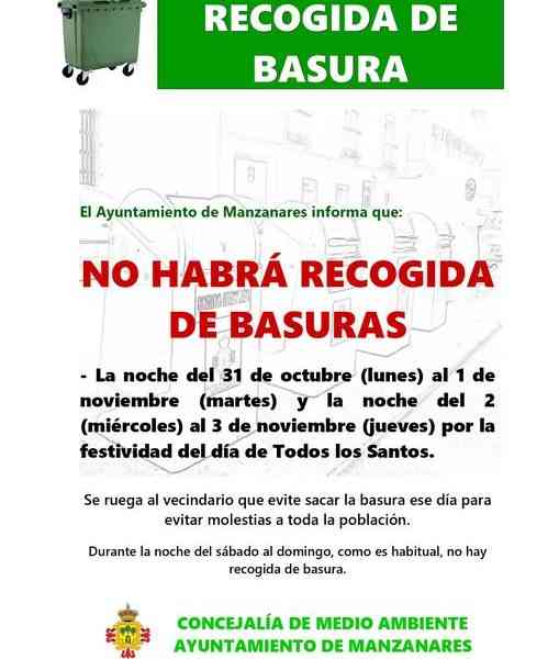 No habrá recogida de basura las noches del 31 de octubre y  2 de noviembre en Manzanares
