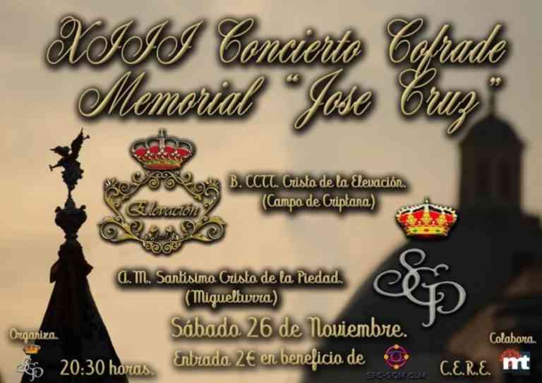 XIII Concierto Cofrade «Memorial José Cruz» el 26 de noviembre en el CERE de Miguelturra evento benéfico que iniciará a las 20:30 horas