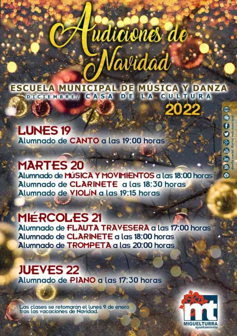 Audiciones de Navidad de la Escuela de Música y Danza de Miguelturra del lunes 19 al jueves 22 de diciembre