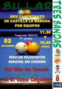 Billar a tres bandas del XXIV Campeonato de CLM por equipos el 3 de diciembre  en el Polideportivo San Fernando en Cuenca