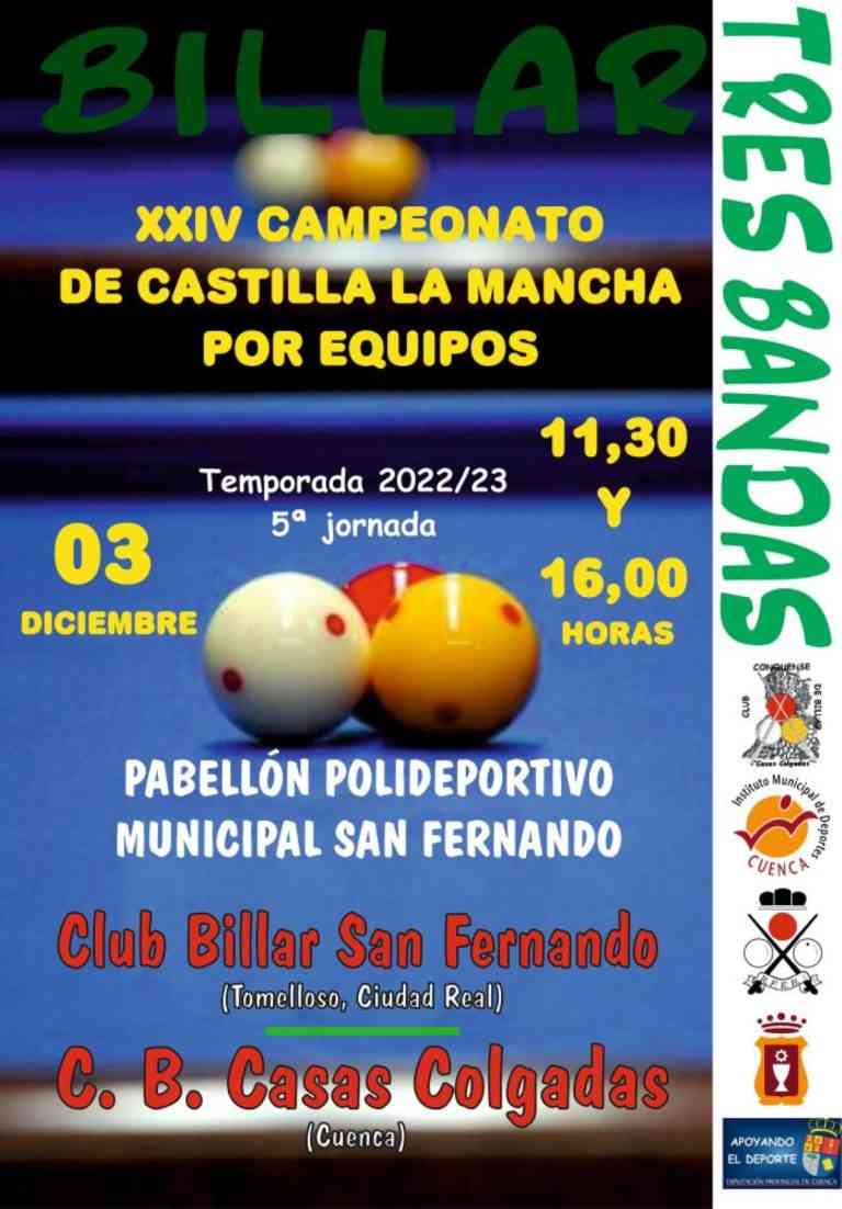 Billar a tres bandas del XXIV Campeonato de CLM por equipos el 3 de diciembre en el Polideportivo San Fernando en Cuenca