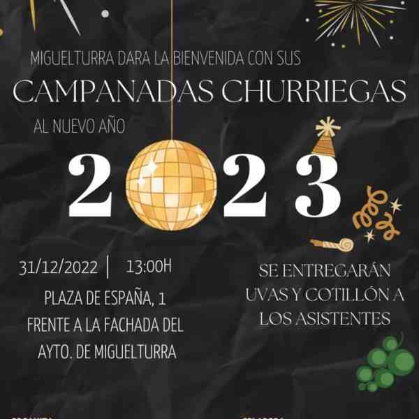 Las Campanadas Churriegas 2023, a partir de la 1 de la tarde frente a las puertas del ayuntamiento de Miguelturra  el 31 de diciembre de 2022
