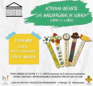 Actividad infantil “Los marcapáginas de Ignacio” para niños de 5 y 11 años el 10 de diciembre en Casa Malpica de Manzanares