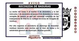 No habrá recogida de basura la noche del lunes 5 al martes 6 de diciembre y la noche del miércoles 7 al jueves 8 de diciembre en Miguelturra