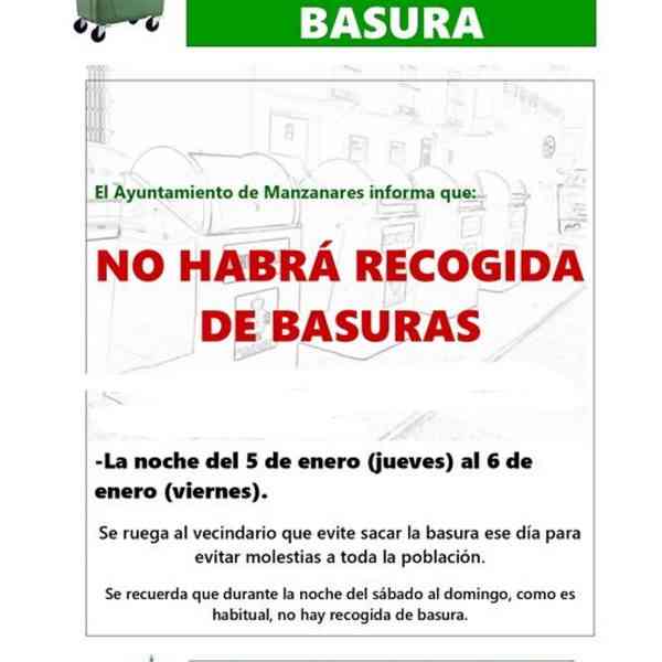 No habrá recogida de basuras en Manzanares la noche del jueves 5 al viernes 6 de enero por las fiestas