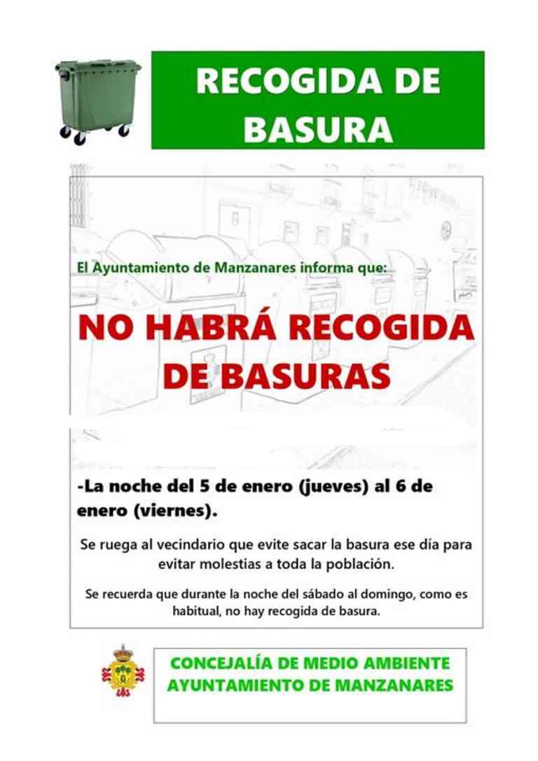 No habrá recogida de basuras en Manzanares la noche del jueves 5 al viernes 6 de enero por las fiestas