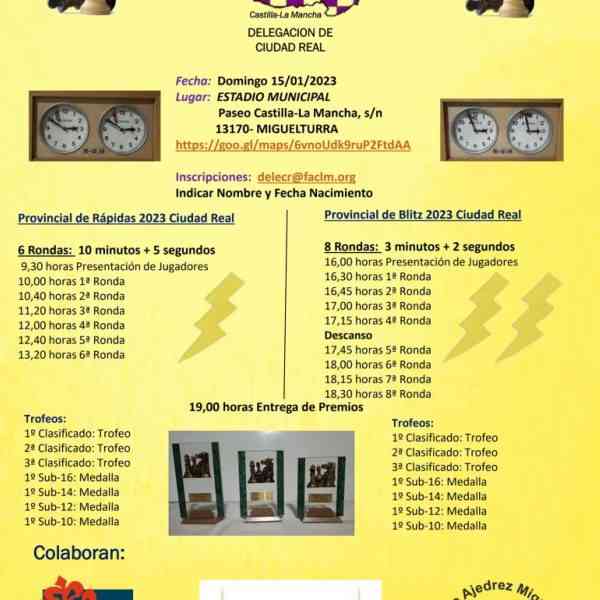 Campeonatos provinciales de ajedrez de Partidas Rápidas y Blitz el 15 de enero en el Estadio Municipal de Deportes de Miguelturra