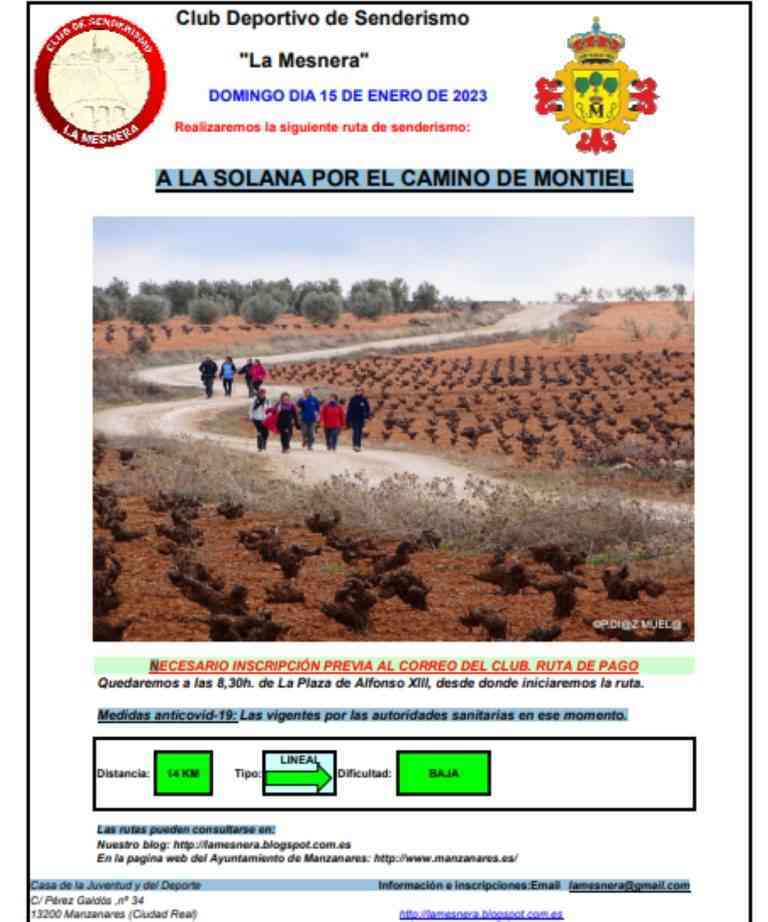 Ruta de senderismo a la Solana por el Camino de Montiel el 15 de enero del Club La Mesnera de Manzanares