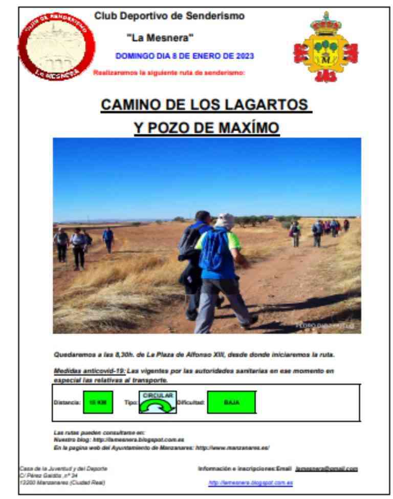 Ruta de senderismo a Camino de los Lagartos y Pozo de Máximo el 8 de enero del Club de Senderismo La Mesnera de Manzanares