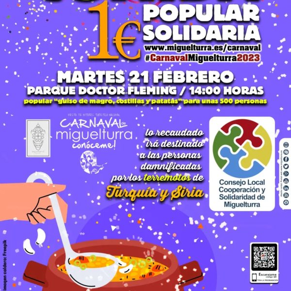 Comida popular solidaria mañana 21 de febrero en Miguelturra en beneficio de los damnificados por los terremotos de Turquía y Siria