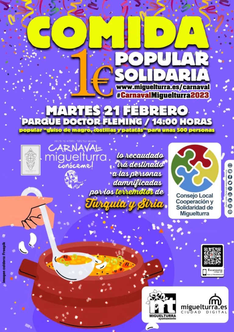 Comida popular solidaria mañana 21 de febrero en Miguelturra en beneficio de los damnificados por los terremotos de Turquía y Siria