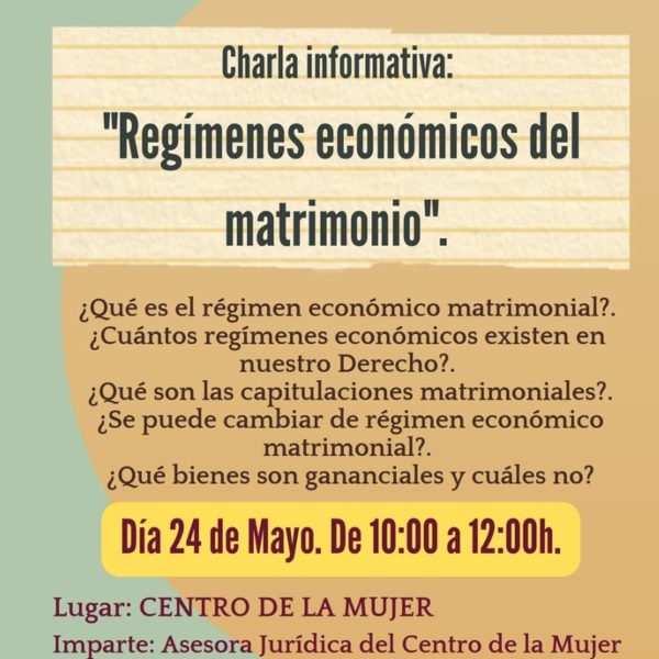 El 24 de mayo charla informativa “Regímenes económicos del matrimonio” en el Centro de la Mujer de Miguelturra