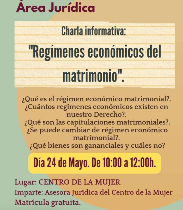 El 24 de mayo charla informativa “Regímenes económicos del matrimonio” en el Centro de la Mujer de Miguelturra